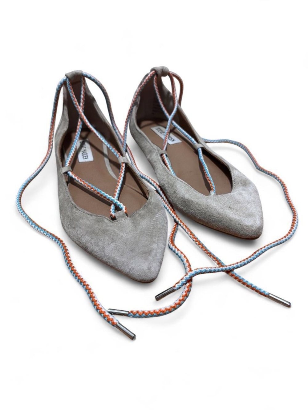 Steve Madden Gray Suede Pointed Lace-Up Flats with Multicolor Braided Laces